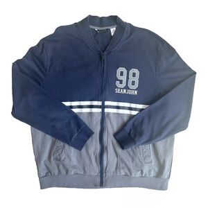 Sean John 3XB Sweatshirt Full Zip Colorblock Navy Bly Gray Flat Collar Logo 98